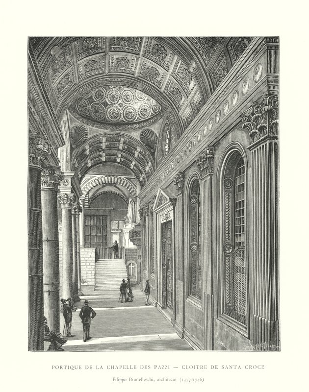 Pórtico de la Capilla de los Pazzi, Claustro de Santa Croce, Filippo Brunelleschi, arquitecto de Italian School