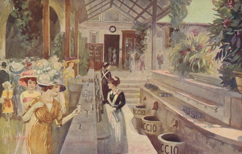 Tarjeta postal con una mujer en el bar de Tettuccio, Bagni di Montecatini (litografía en color) de Italian School