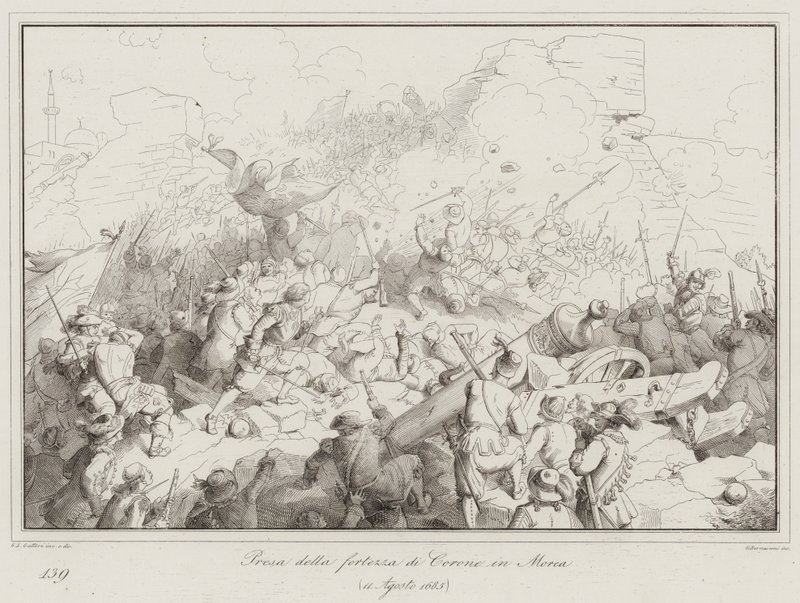 Captura de la fortaleza de Corone en Morea de Italian School