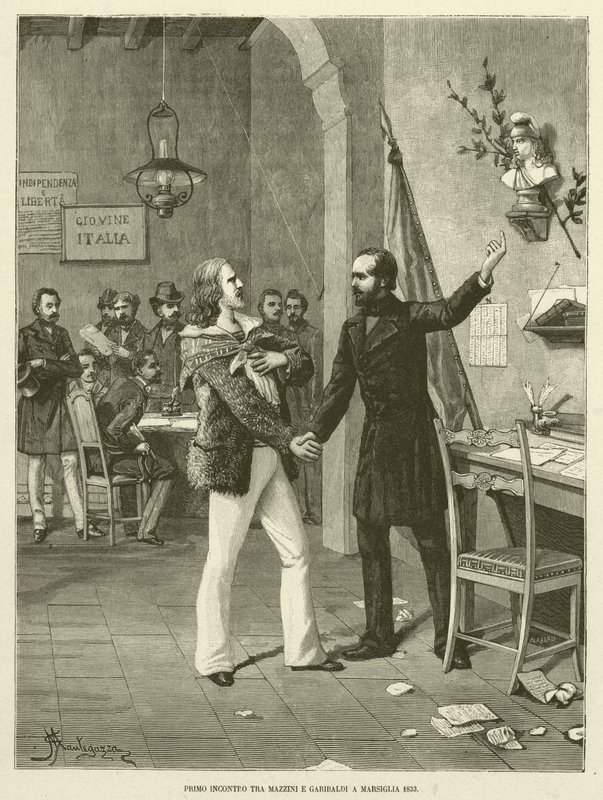 Primer encuentro entre Mazzini y Garibaldi en Marsella 1833 (grabado) de Italian School