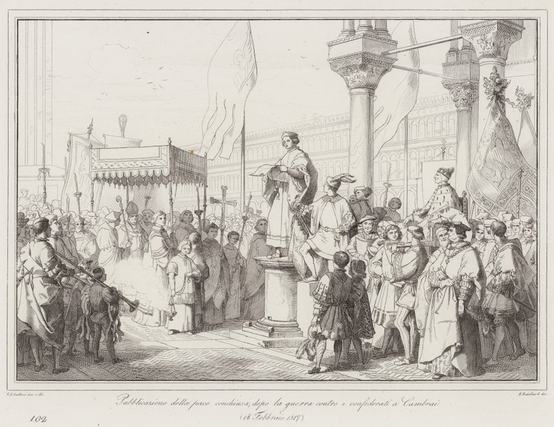 Publicación de la paz concluida, después de la guerra contra los confederados en Cambrai de Italian School