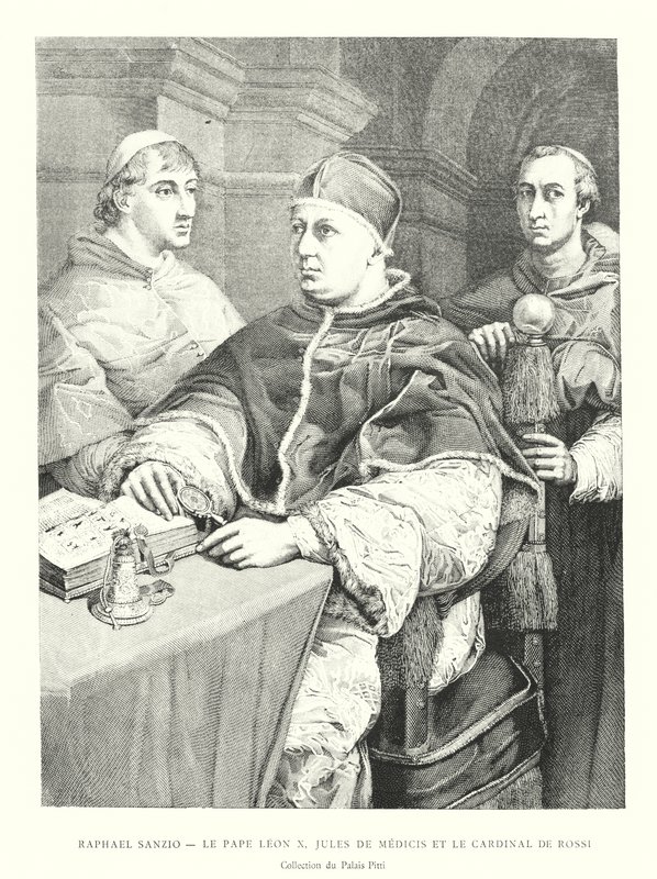 Rafael Sanzio, El Papa León X, Julio de Medicis y el Cardenal de Rossi, Colección del Palacio Pitti de Italian School