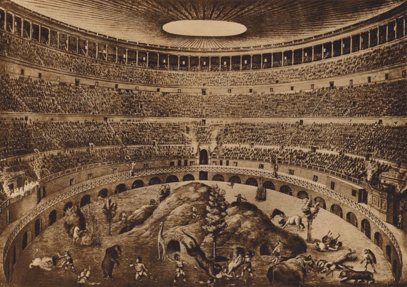 Roma / Roma: Interior del Coliseo, La caza de las ferias, reconstrucción histórica (litografía) de Italian School
