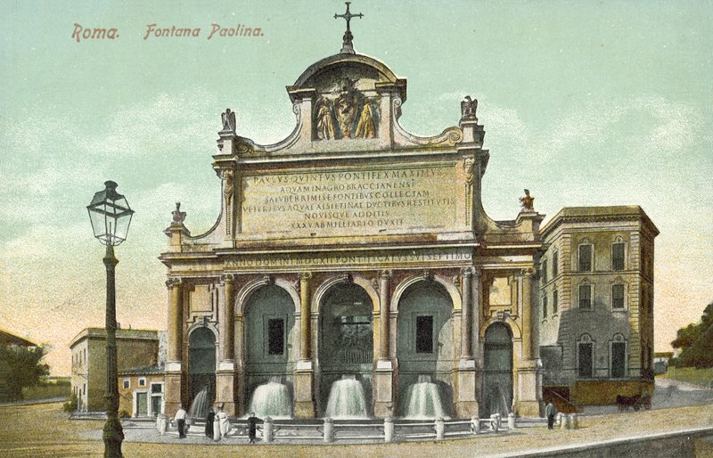 Roma, Italia, Fontana Paolina (litografía en color) de Italian School
