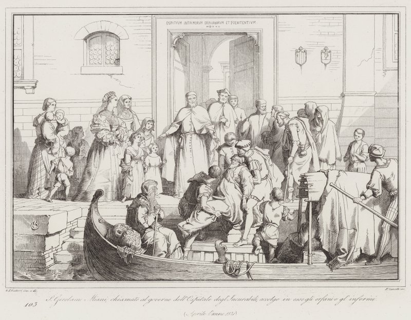 San Girolamo Miani llamado al gobierno del Hospital de los Incurables, acoge en él a los huérfanos y enfermos de Italian School