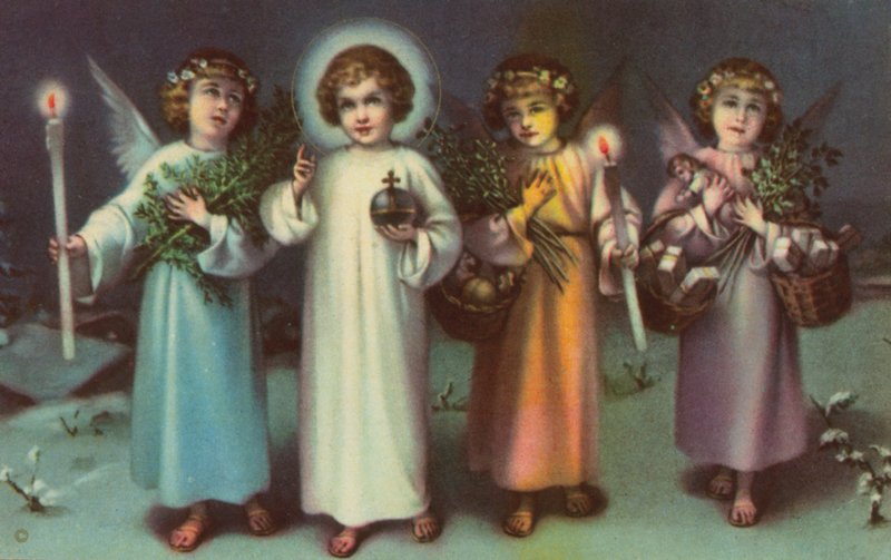 Santos y ángeles (litografía en color) de Italian School