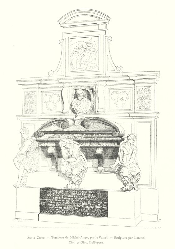Santa Croce, Tumba de Miguel Ángel, por Vasari, Escultura por Lorenzi, Cioli y Giov Dell