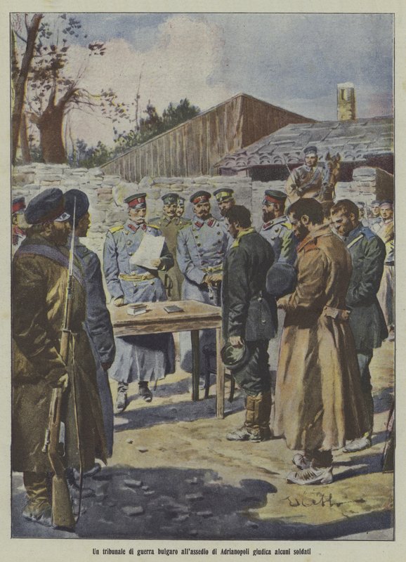 Soldados juzgados por un tribunal militar búlgaro en el sitio de Adrianópolis, Primera Guerra de los Balcanes (litografía en color) de Italian School