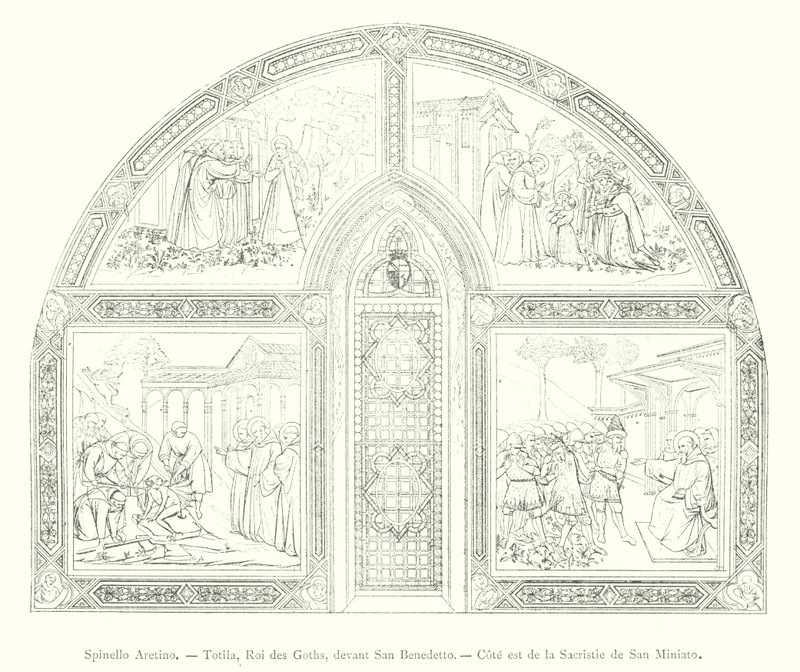 Spinello Aretino, Totila, Rey de los Godos, ante San Benedetto, Lado este de la Sacristía de San Miniato (grabado) de Italian School