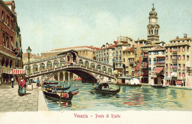 El Rialto, Venecia (litografía en color) de Italian School