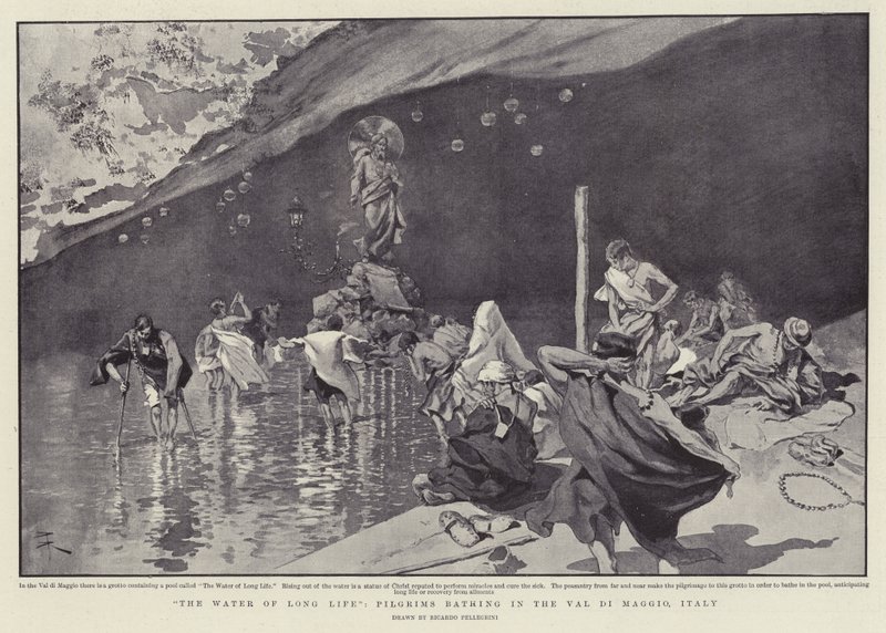 "El agua de la larga vida", peregrinos bañándose en el Val di Maggio, Italia (litografía) de Italian School