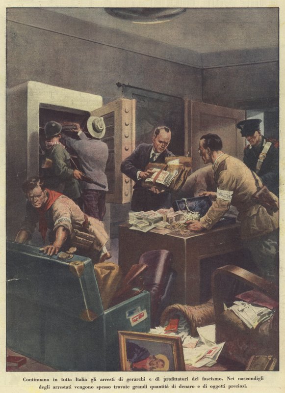 Continúan las detenciones de jerarcas y aprovechados del fascismo en toda Italia (Litografía en color) de Italian School