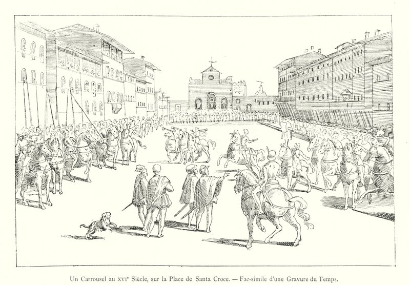 Un carrusel en el siglo XVI, en la Plaza de Santa Croce, facsímil de una grabado de la época de Italian School