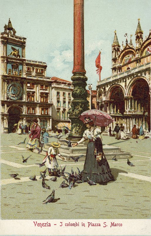 Venecia, Italia, Columnas en la Plaza de San Marcos (litografía en color) de Italian School
