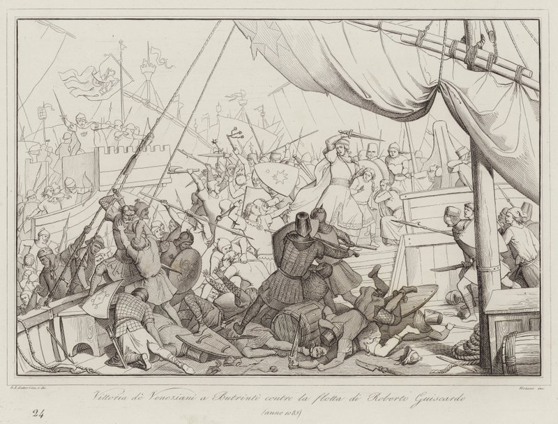 Victoria de los Venecianos en Butrinto contra la flota de Roberto Guiscardo de Italian School