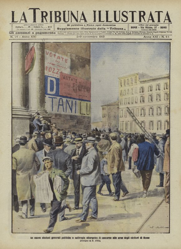 Votantes acudiendo a las urnas en las elecciones generales italianas en Roma (litografía en color) de Italian School