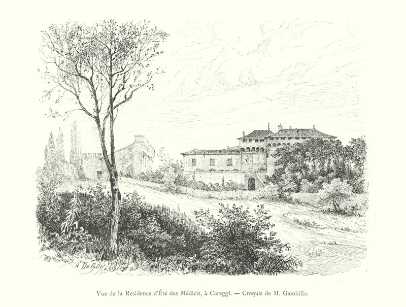 Vista de la residencia de verano de los Médicis, en Careggi, boceto de M Gambillo de Italian School