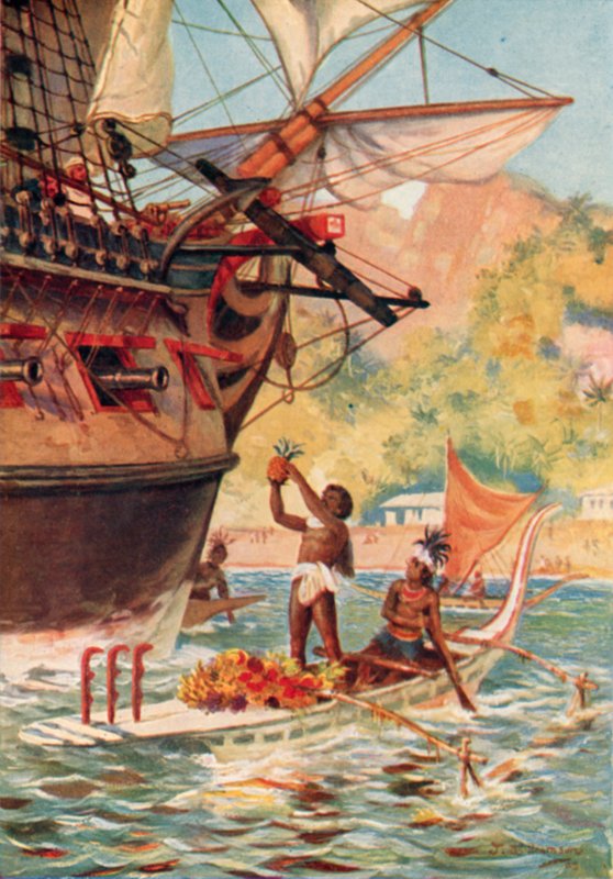 Isleños de Marquesas intercambiando frutas con la expedición del Capitán Cook de J. Williamson