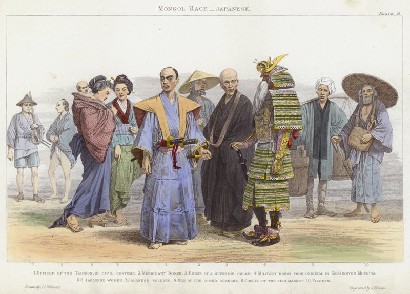 Raza mongol, Japoneses (grabado en color) de J.L. (after) Williams