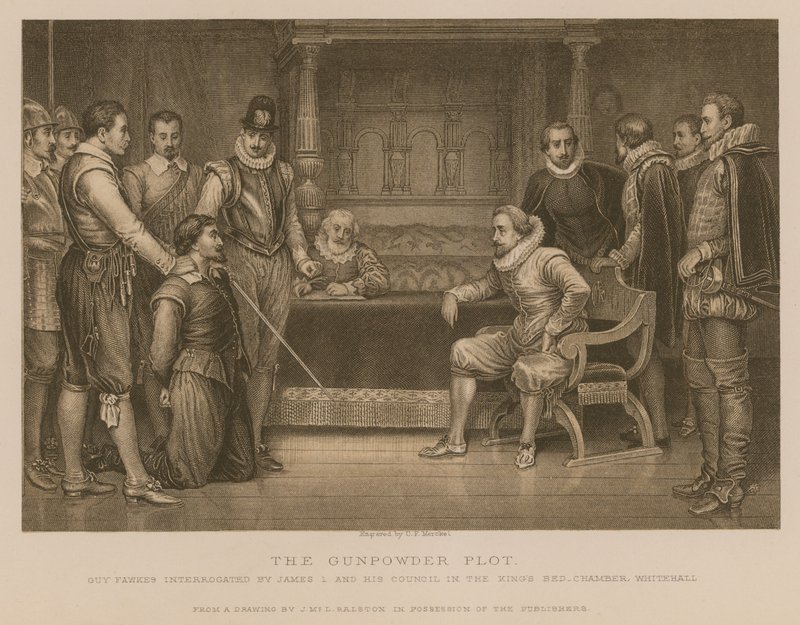 La Conspiración de la Pólvora; Guy Fawkes interrogado por el Rey James I y su consejo en la cámara del Rey, Whitehall de J.M.L. Ralston