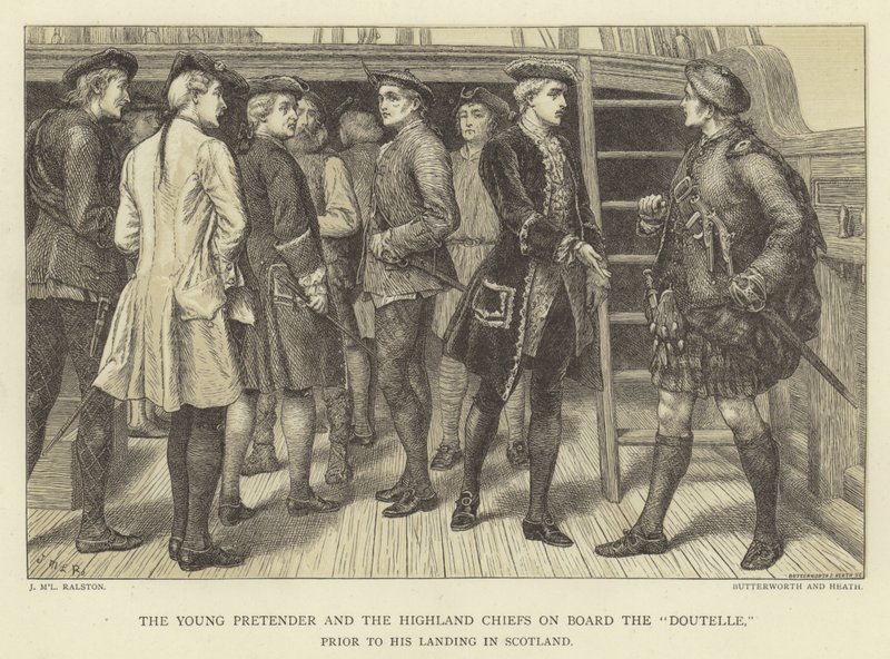 El Joven Pretendiente y los jefes de las Tierras Altas a bordo del Doutelle antes de su desembarco en Escocia de J.M.L. Ralston