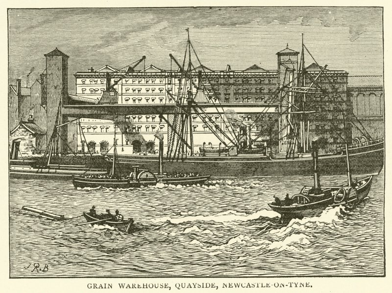 Almacén de grano, muelle, Newcastle-on-Tyne (grabado) de J.R. Brown