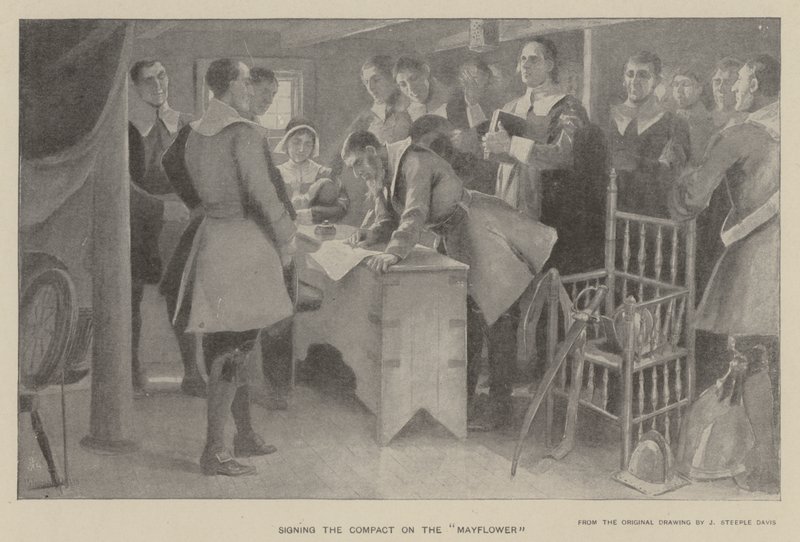 Firma del pacto en el "Mayflower" (litografía) de J. (after) Steeple Davis