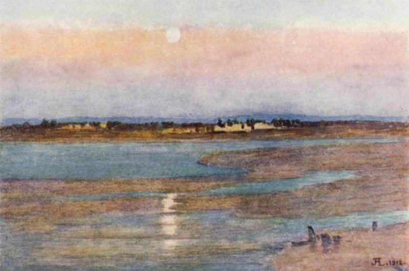 Salida de la luna al atardecer, de La Croix Blanche, Mont St Michel (litografia en color) de J. Hardwicke Lewis