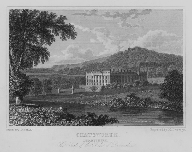 Chatsworth, Derbyshire, La Residencia del Duque de Devonshire (grabado) de John Preston Neale