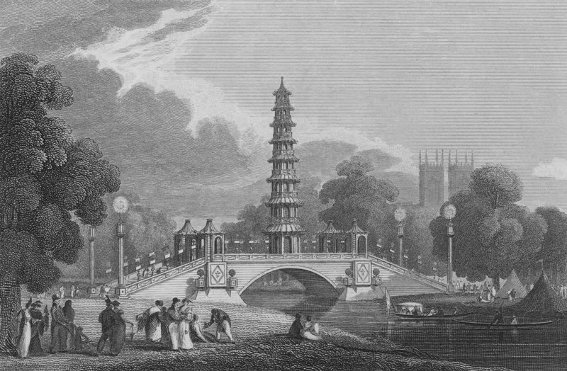 Pagoda china y puente, en el parque St James, Middlesex, como apareció el 1 de agosto de 1814 de John Preston Neale