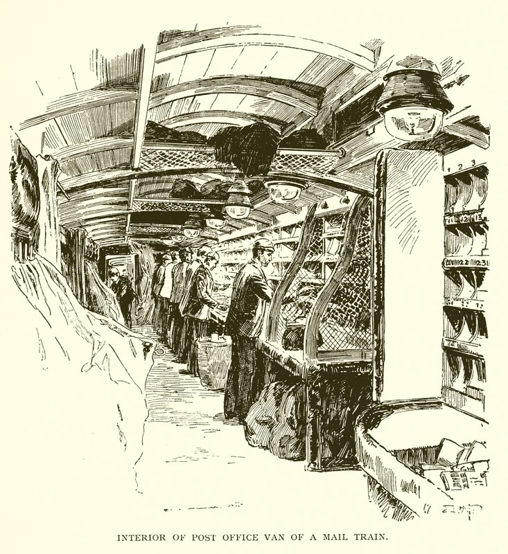 Interior de la furgoneta de correos en un tren de correo de J. R. Sinclair