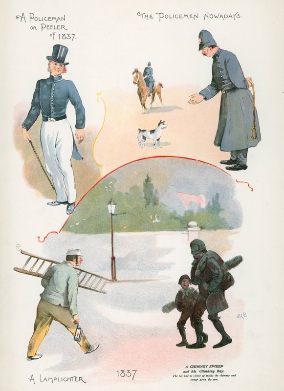 Policía o Peeler de 1837, Policía de hoy en día, Encendedor de lámparas, Limpiador de chimeneas de J. R. Sinclair