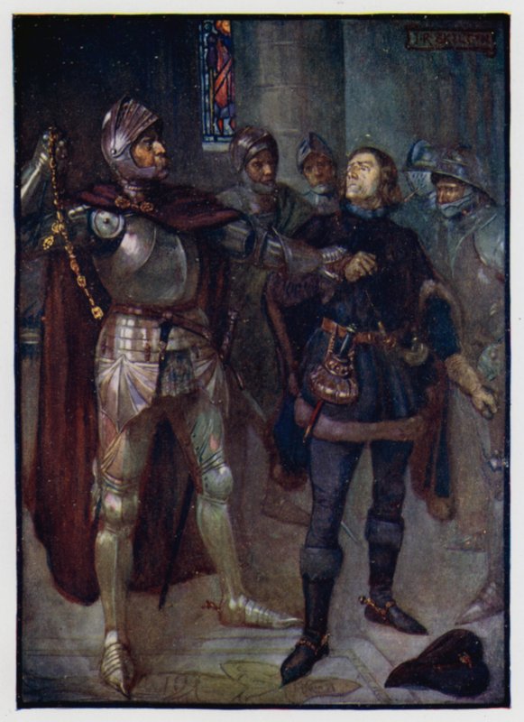 Archibald, Conde de Angus, arrestando al arquitecto Robert Cochrane, un favorito del rey Jacobo III de Escocia, y quitándole la cadena de oro de su cuello, 1482 de J. R. Skelton