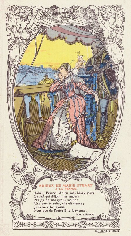 María, Reina de Escocia, despidiéndose de Francia y regresando a Escocia tras la muerte de su esposo, el Rey Francisco II de Francia de Jacques Emile (after) Blanche