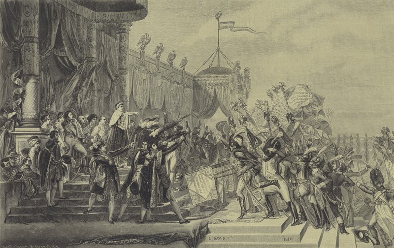 Napoleón distribuyendo estandartes de águila al ejército francés, 5 de diciembre de 1804 de Jacques Louis (after) David