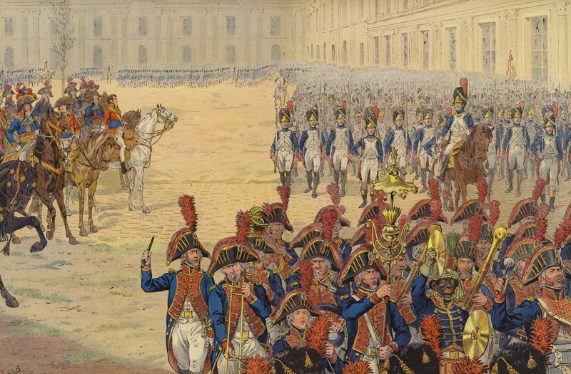 Primera revisión de la guardia consular en el campo de desfile del Palacio de las Tullerías de Jacques Marie Gaston Onfray de Breville (Job)