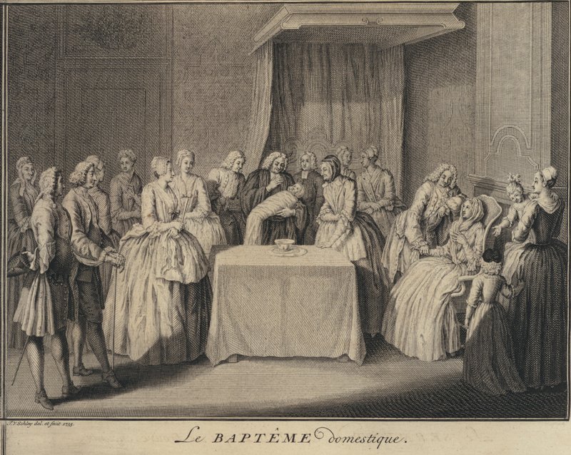 Un bautismo doméstico (grabado) de Jakob van der Schley