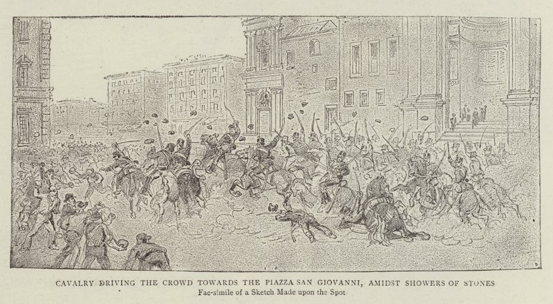Caballería empujando a la multitud hacia la Piazza San Giovanni, entre lluvias de piedras de James A. Shearman