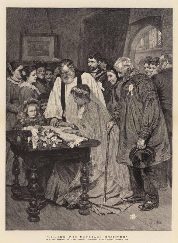 Firmando el registro de matrimonio de James Charles