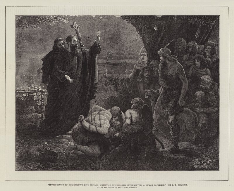 Introducción del cristianismo en Gran Bretaña, misioneros cristianos interrumpiendo un sacrificio humano, en la exposición de la Real Academia de James Elder Christie