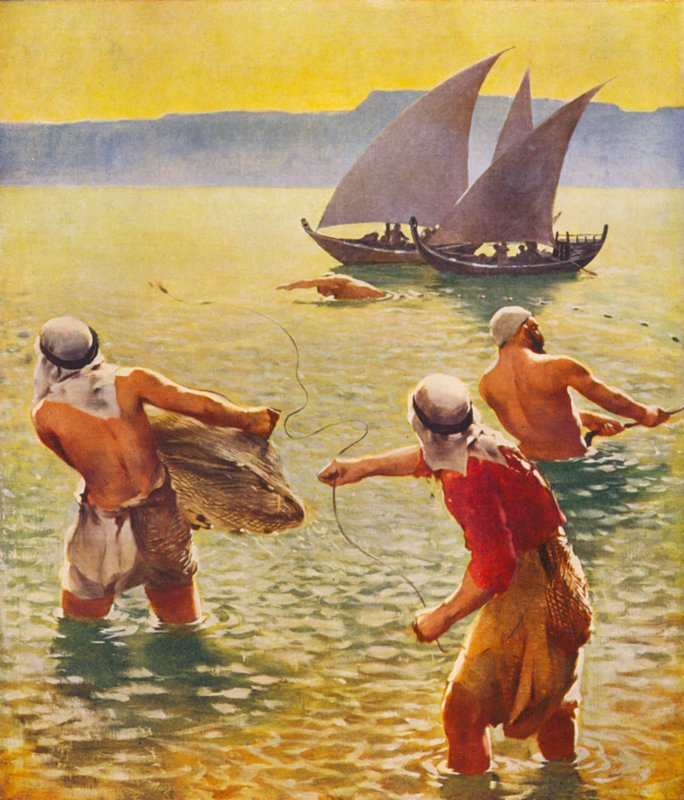 Tierra Santa: Pescando en el lago de Galilea (litografía en color) de James (after) Clark