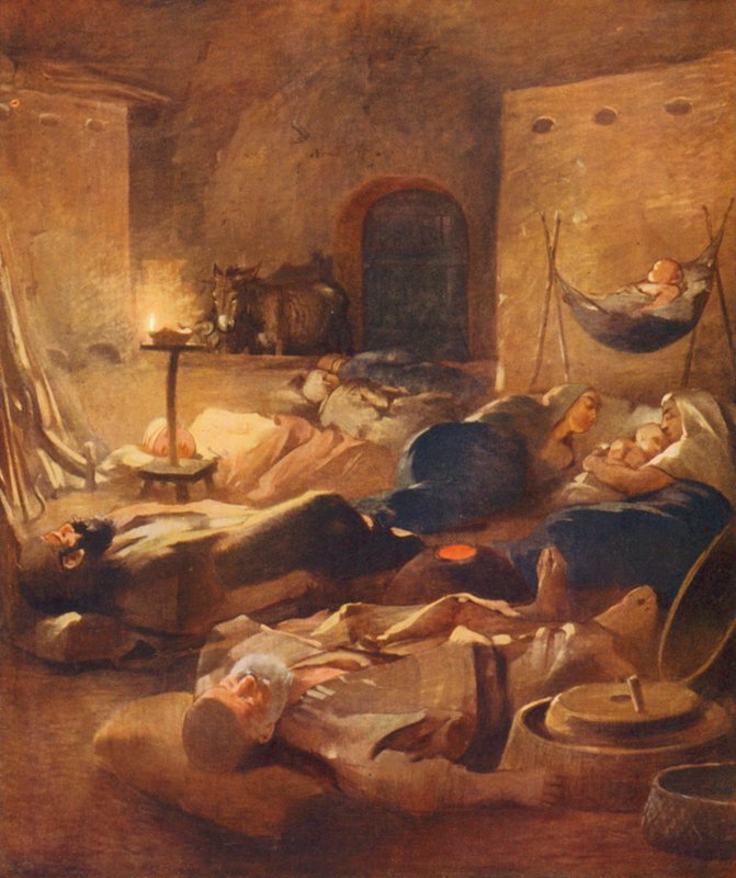 Tierra Santa: Interior de una casa de Fellahheen por la noche (litografía en color) de James (after) Clark