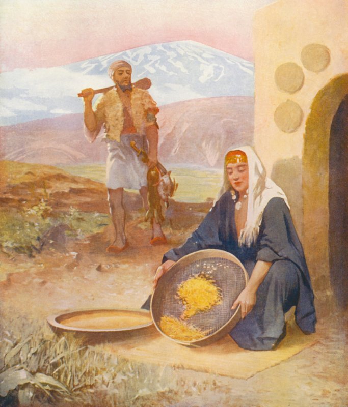 Tierra Santa: Tamizar el trigo (litografía en color) de James (after) Clark
