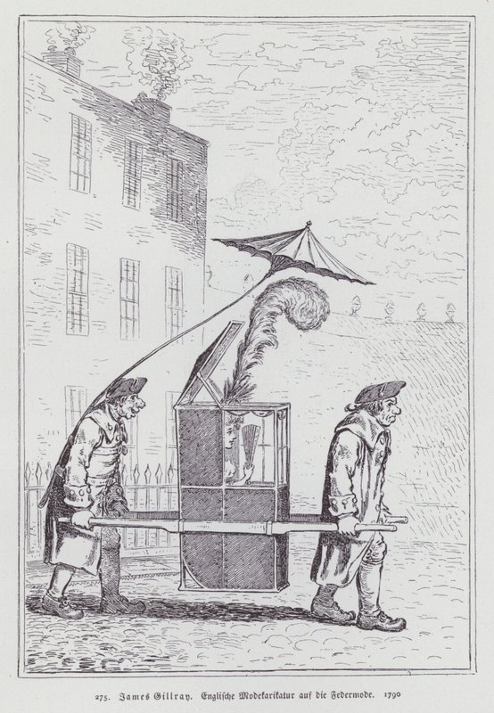 Caricatura inglesa burlándose de la moda de las mujeres con tocados de plumas de James (after) Gillray