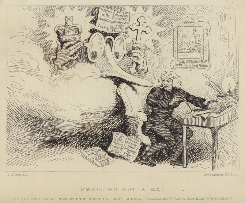 Olfateando una rata: el filósofo galés, predicador inconformista y panfletista Richard Price sorprendido por una nariz gigante con gafas que representa a Edmund Burke atrapándolo en el trabajo rodeado de evidencia de sedición contra la iglesia y el estado de James (after) Gillray