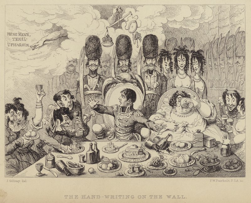 La escritura en la pared: parodia del festín de Belsasar que representa a Napoleón y su esposa Josefina de James (after) Gillray