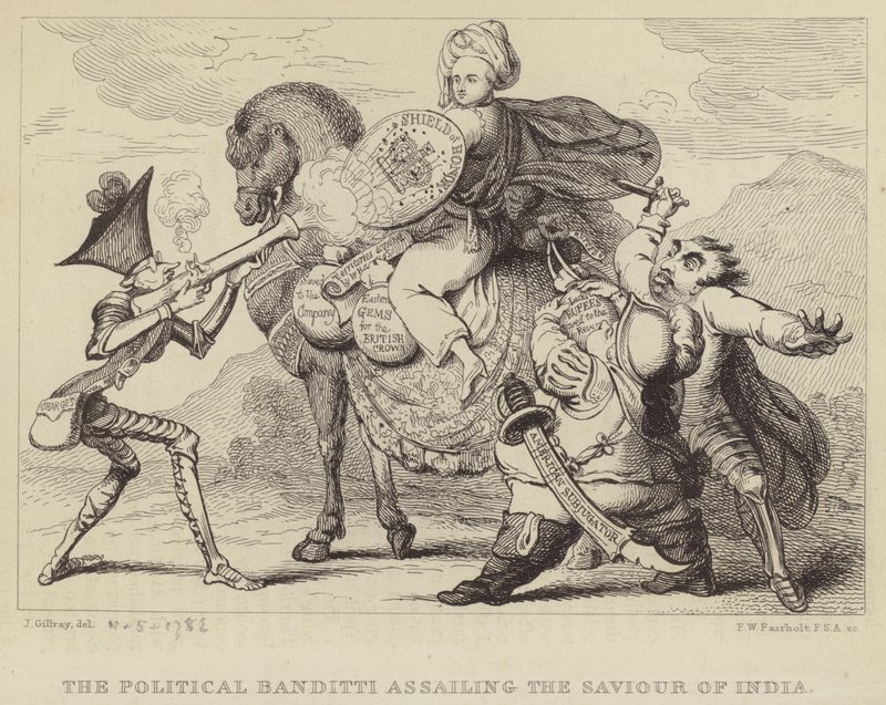 El Bandido Político Atacando al Salvador de la India: Warren Hastings, exgobernador de Bengala, bajo ataque de los políticos Edmund Burke, Charles James Fox y Lord North de James (after) Gillray