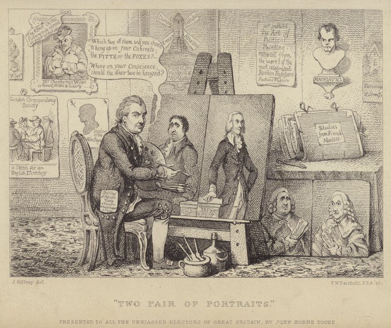 Dos pares de retratos: caricatura anti-Whig que representa a John Henry Tooke con retratos de Charles James Fox personificando el vicio y William Pitt el Joven representando la virtud de James (after) Gillray