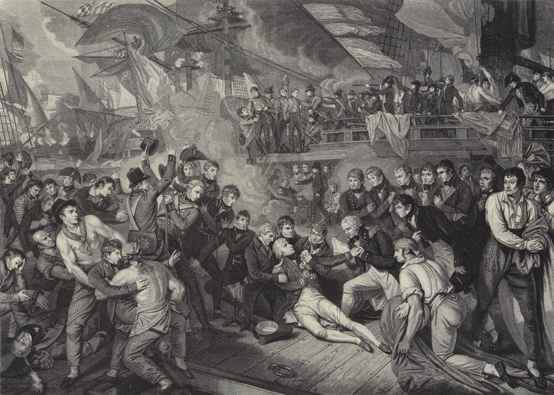 La muerte del almirante Lord Nelson en la batalla de Trafalgar de James (after) Heath
