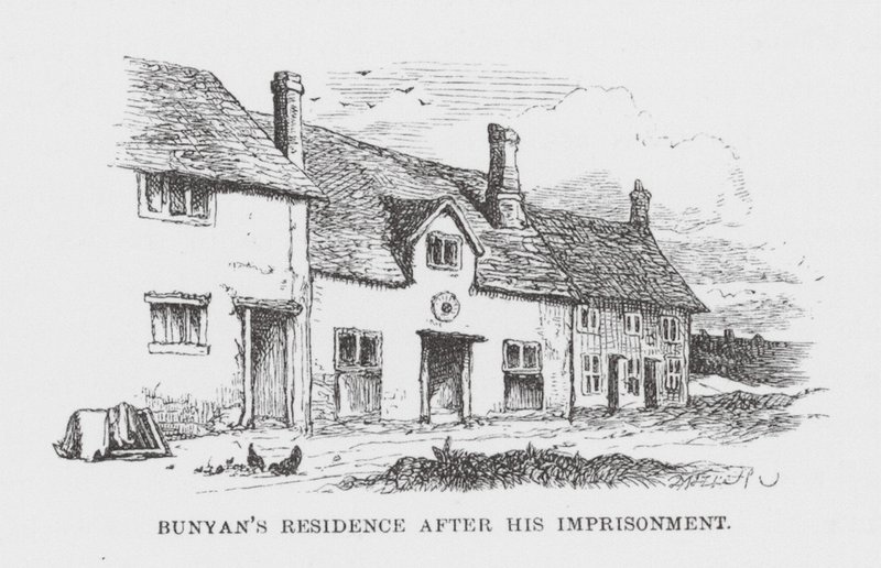 Residencia de Bunyan después de su encarcelamiento (grabado) de James Dawson Watson